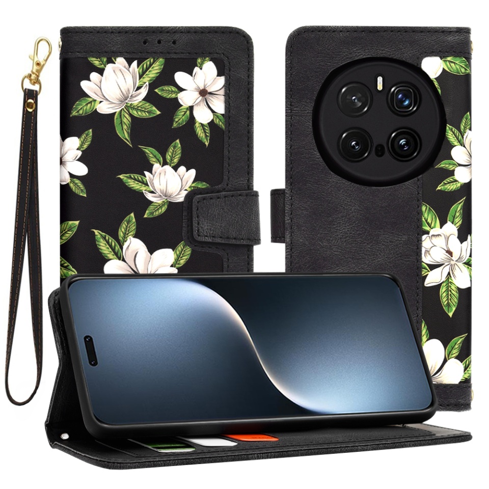 Husa pentru Honor Magic7 Pro din Piele Ecologică cu Design Floral, Protecție 360°, Stand Integrat, Buzunare pentru Carduri, SKDR Floral Wallet - Negru