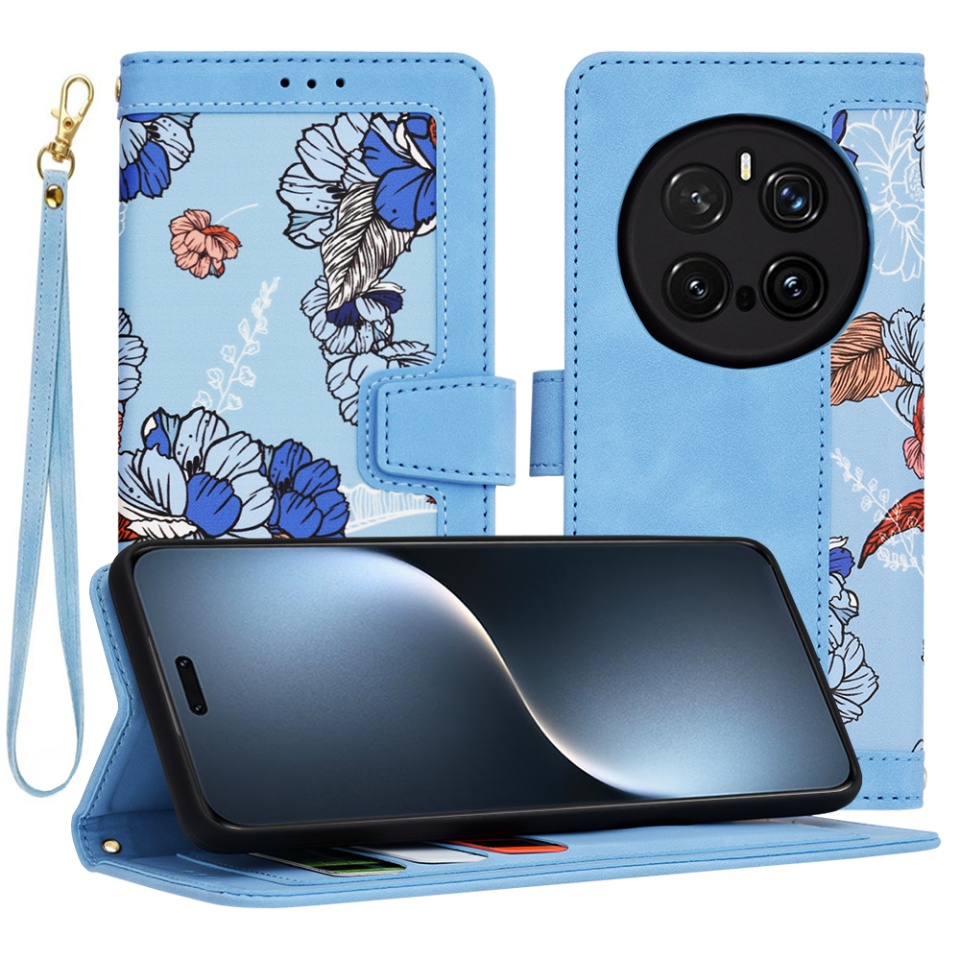 Husa pentru Honor Magic7 Pro din Piele Ecologică cu Design Floral, Protecție 360°, Stand Integrat, Buzunare pentru Carduri, SKDR Floral Wallet - Bleu