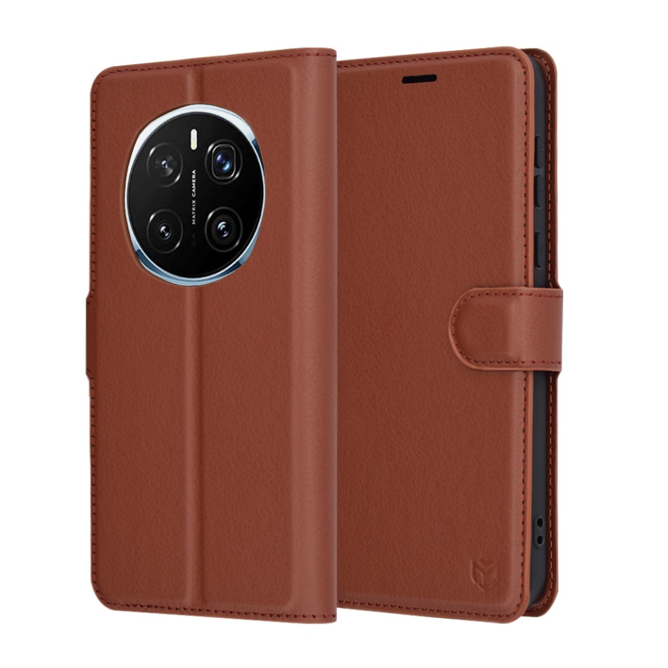 Husa pentru Honor Magic7 Pro, SKYDDAR INNOVATION, Leather Folio tip Carte, cu Portofel Interior, Finisaje Premium, set cu sticker, Maro