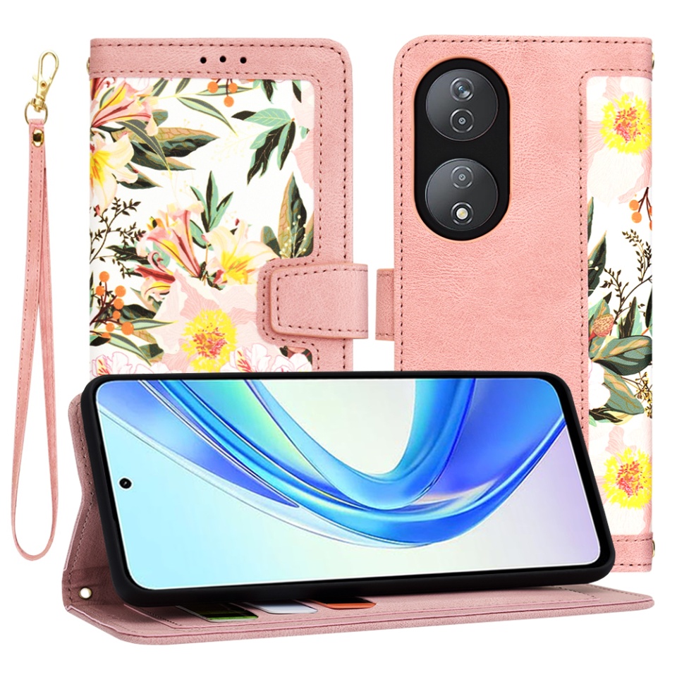 Husa pentru Honor X7b / 90 Smart / X7b 5G din Piele Ecologică cu Design Floral, Protecție 360°, Stand Integrat, Buzunare pentru Carduri, SKDR Floral Wallet - Roz