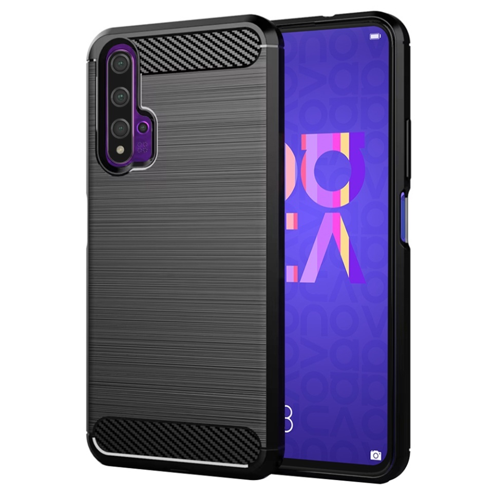 Husa pentru Huawei Nova 5T / Honor 20, SKYDDAR INNOVATION, Carbon Silicone, din Silicon Slim, cu textura Fibra Carbon, set cu sticker, Negru