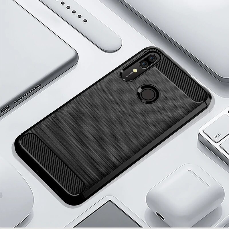Husa pentru Huawei P Smart Z, SKYDDAR INNOVATION, Carbon Silicone, din Silicon Slim, cu textura Fibra Carbon, set cu sticker, Negru - 3 | YEO