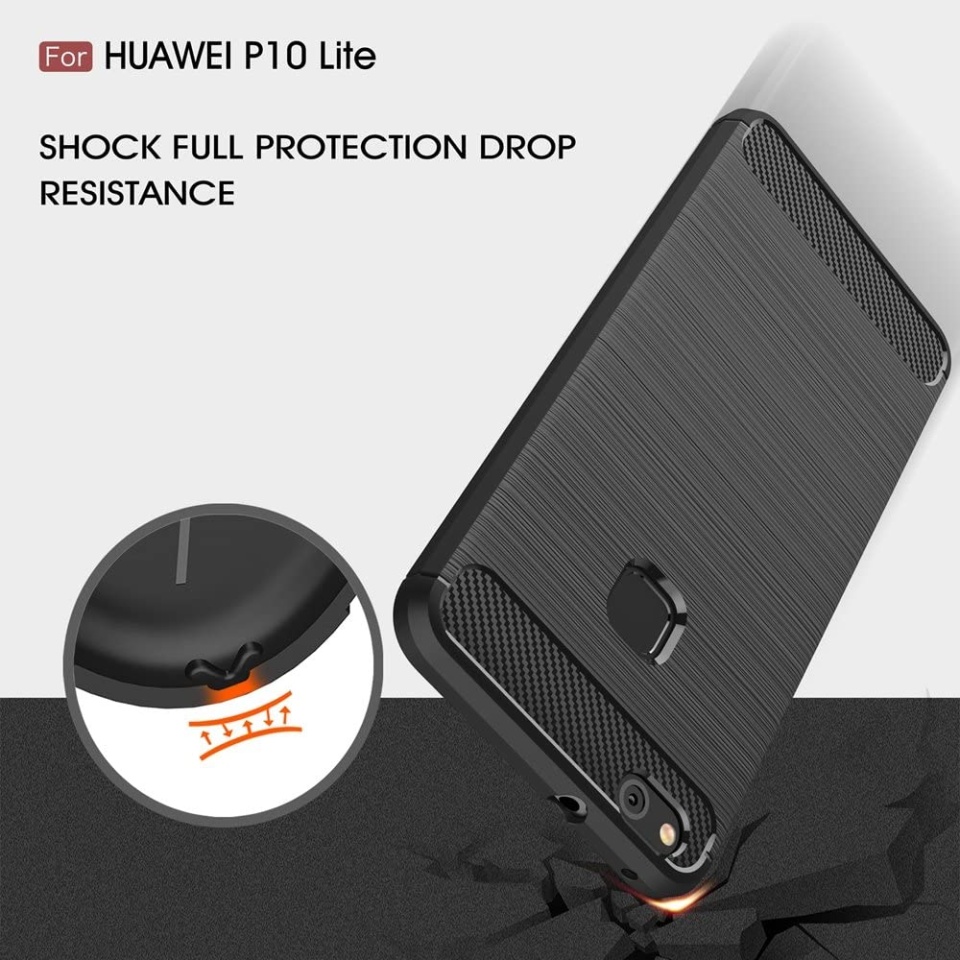 Husa pentru Huawei P10 Lite, SKYDDAR INNOVATION, Carbon Silicone, din Silicon Slim, cu textura Fibra Carbon, set cu sticker, Negru - 3 | YEO