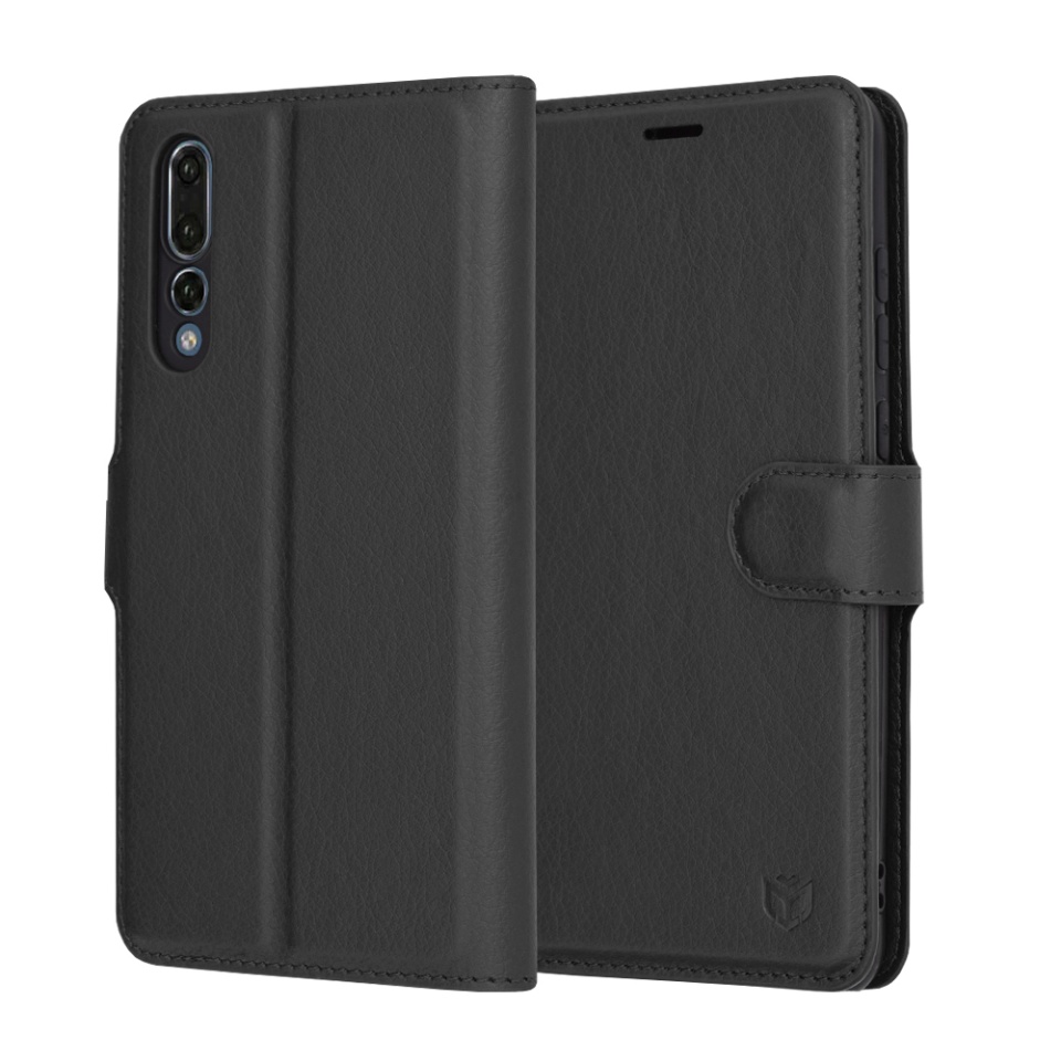 Husa pentru Huawei P20 Pro, SKYDDAR INNOVATION, Leather Folio tip Carte, cu Portofel Interior, Finisaje Premium, set cu sticker, Negru