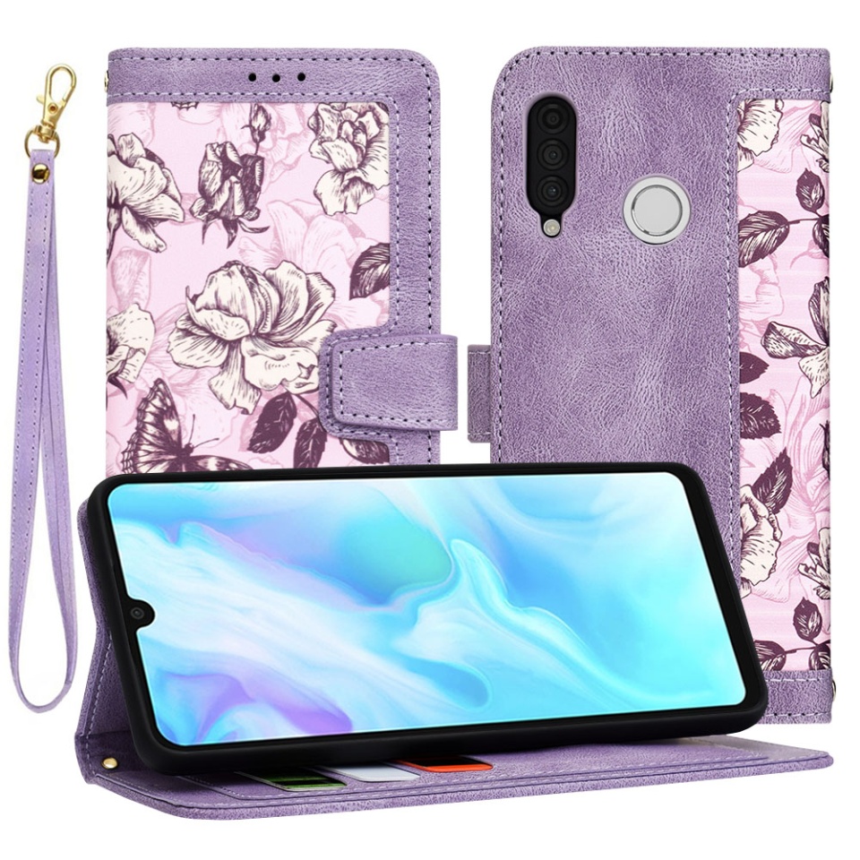 Husa pentru Huawei P30 Lite / P30 Lite New Edition din Piele Ecologică cu Design Floral, Protecție 360°, Stand Integrat, Buzunare pentru Carduri, SKDR Floral Wallet - Mov