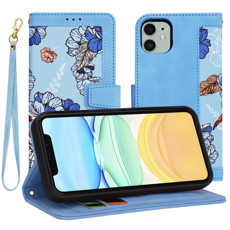 Husa pentru iPhone 11 din Piele Ecologică cu Design Floral, Protecție 360°, Stand Integrat, Buzunare pentru Carduri, SKDR Floral Wallet - Bleu