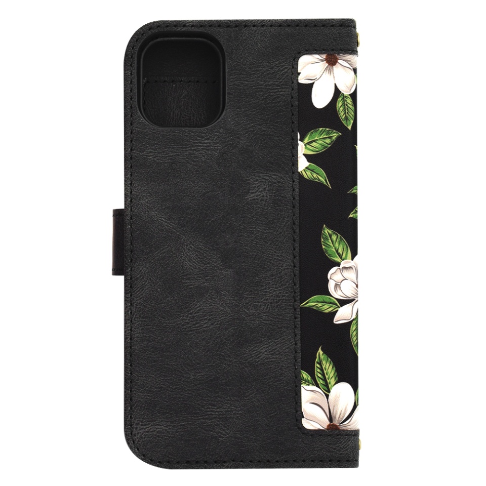 Husa pentru iPhone 11 din Piele Ecologică cu Design Floral, Protecție 360°, Stand Integrat, Buzunare pentru Carduri, SKDR Floral Wallet - Negru - 3 | YEO