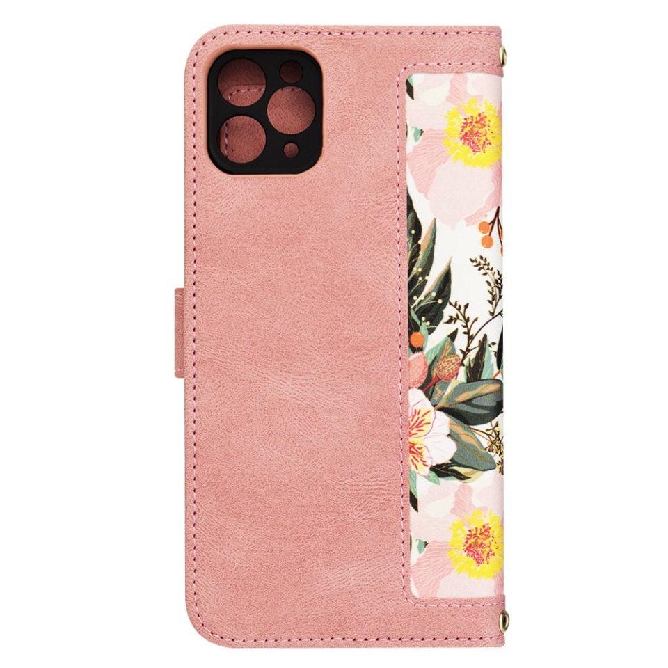 Husa pentru iPhone 11 Pro Max din Piele Ecologică cu Design Floral, Protecție 360°, Stand Integrat, Buzunare pentru Carduri, SKDR Floral Wallet - Roz - 2 | YEO