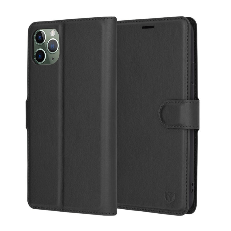 Husa pentru iPhone 11 Pro Max, SKYDDAR INNOVATION, Leather Folio tip Carte, cu Portofel Interior, Finisaje Premium, set cu sticker, Negru