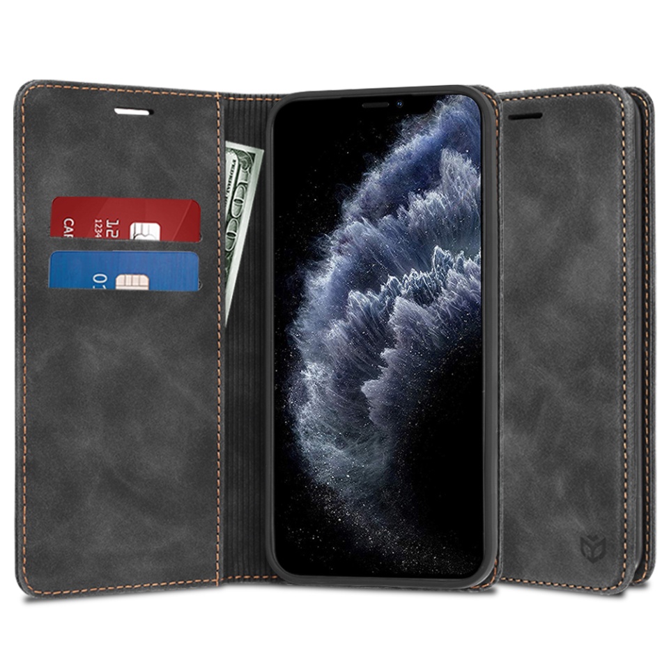 Husa pentru iPhone 11 Pro Max tip Carte din piele Eco Premium, cu Portofel Interior, SKYDDAR Soft Wallet - Negru