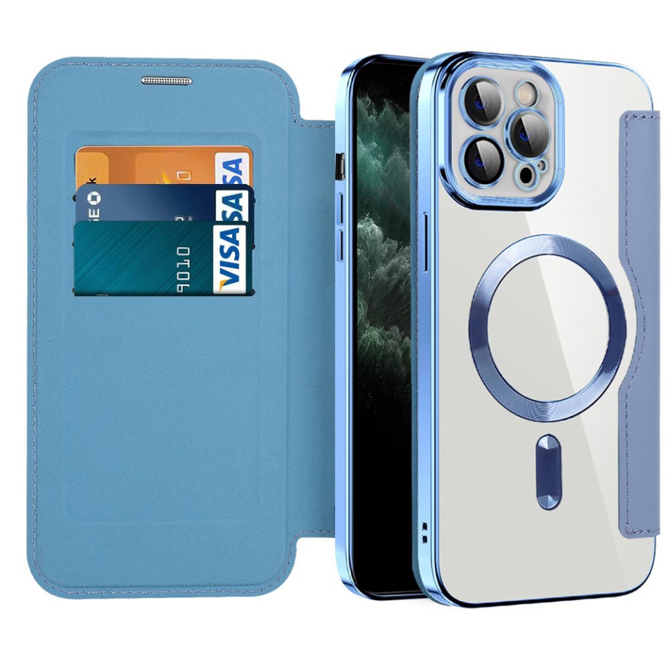 Husa pentru iPhone 11 Pro Max tip carte, SKYDDAR INOVATION, SmartMag Book, Magsafe, RFiD, Suport Carduri, set cu sticker, Bleu