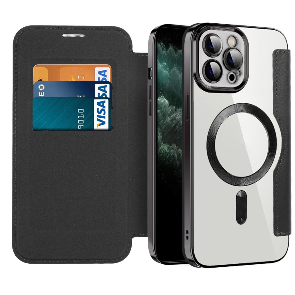 Husa pentru iPhone 11 Pro Max tip carte, SKYDDAR INOVATION, SmartMag Book, Magsafe, RFiD, Suport Carduri, set cu sticker, Negru