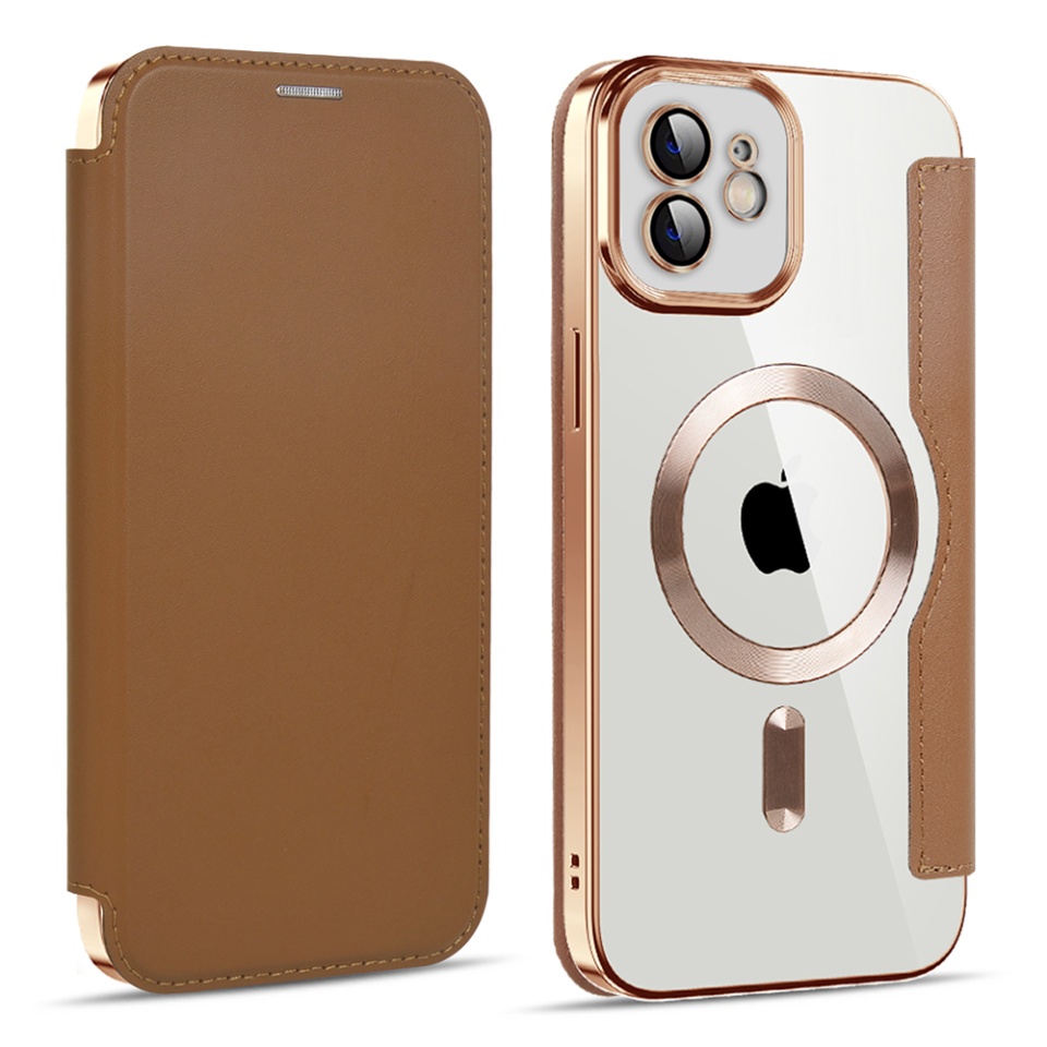 Husa pentru iPhone 11 tip carte, SKYDDAR INOVATION, SmartMag Book, Magsafe, RFiD, Suport Carduri, set cu sticker, Maro - 1 | YEO