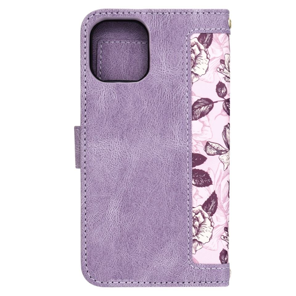 Husa pentru iPhone 12 / 12 Pro din Piele Ecologică cu Design Floral, Protecție 360°, Stand Integrat, Buzunare pentru Carduri, SKDR Floral Wallet - Mov - 2 | YEO