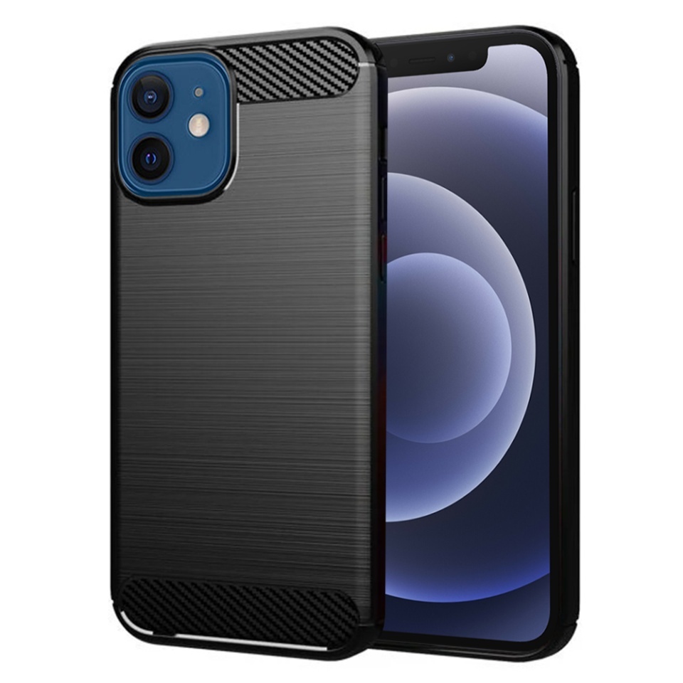 Husa pentru iPhone 12 / 12 Pro, SKYDDAR INNOVATION, Carbon Silicone, din Silicon Slim, cu textura Fibra Carbon, set cu sticker, Negru