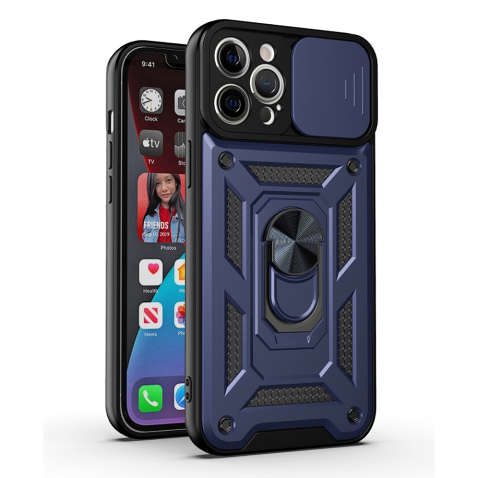 Husa pentru iPhone 12 Pro cu inel magnetic si protectie camera Skyddar CamShield - Albastru