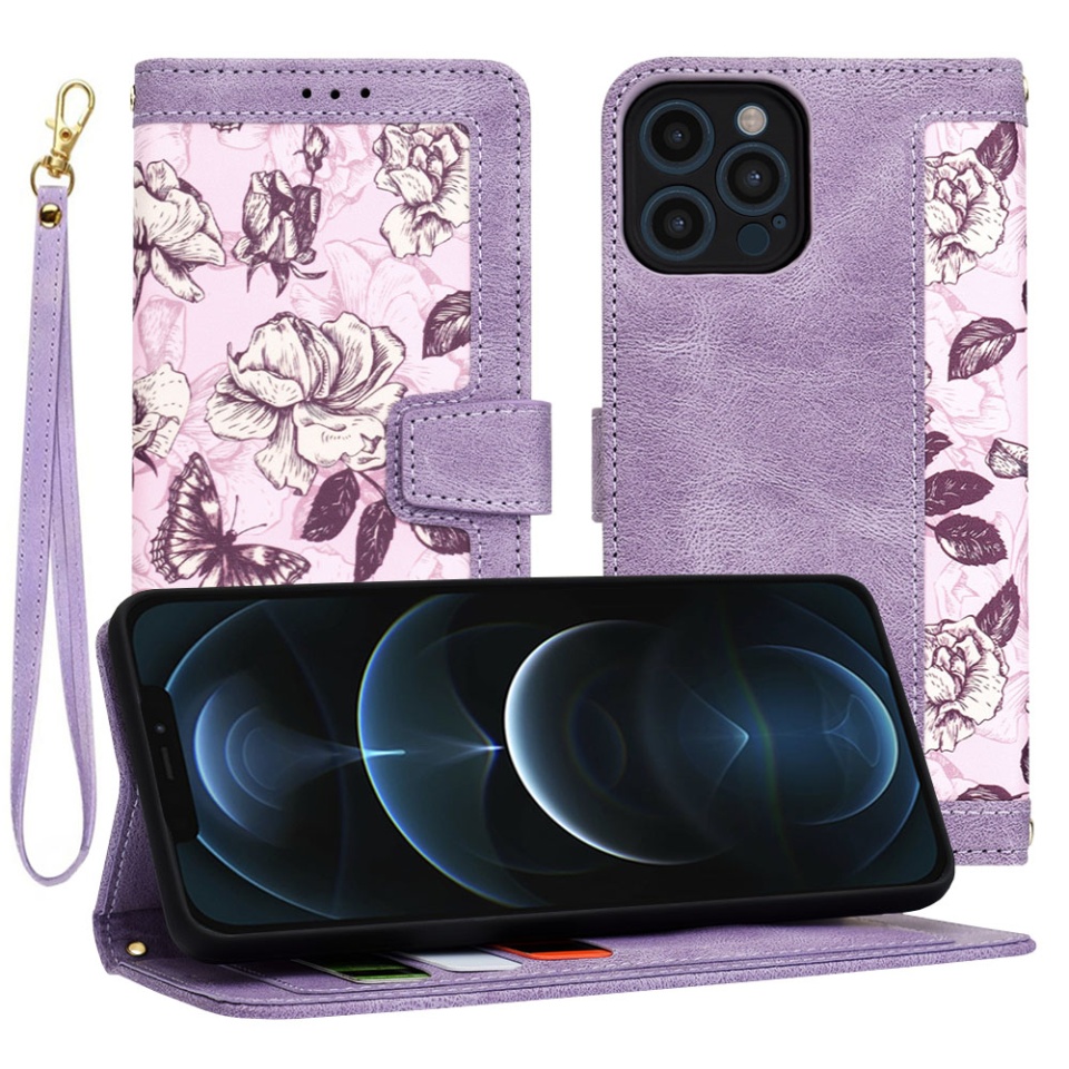Husa pentru iPhone 12 Pro Max din Piele Ecologică cu Design Floral, Protecție 360°, Stand Integrat, Buzunare pentru Carduri, SKDR Floral Wallet - Mov