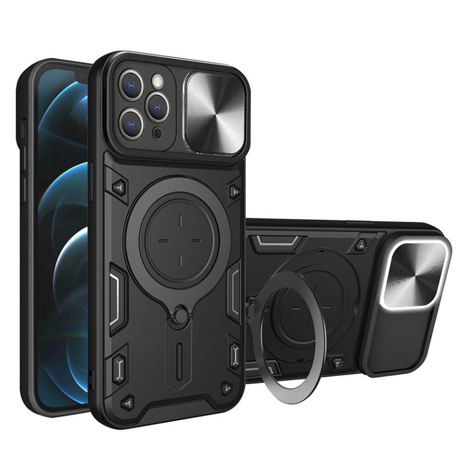 Husa pentru iPhone 12 Pro Max, SKYDDAR INNOVATION, CamGuard Pro, Inel Magnetic, Protectie Camera, Negru, set cu sticker