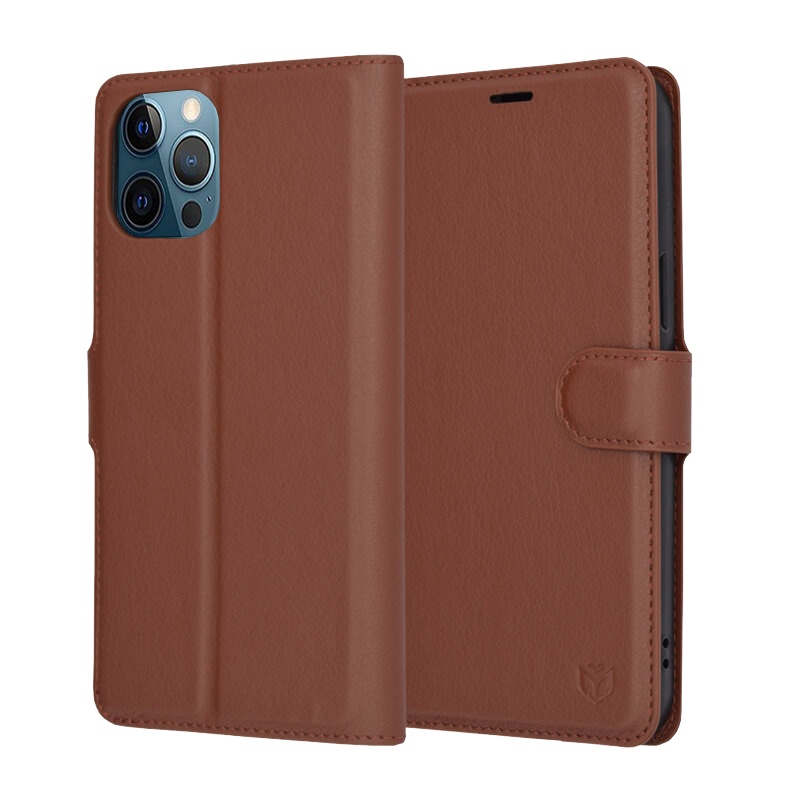 Husa pentru iPhone 12 Pro Max, SKYDDAR INNOVATION, Leather Folio tip Carte, cu Portofel Interior, Finisaje Premium, set cu sticker, Maro