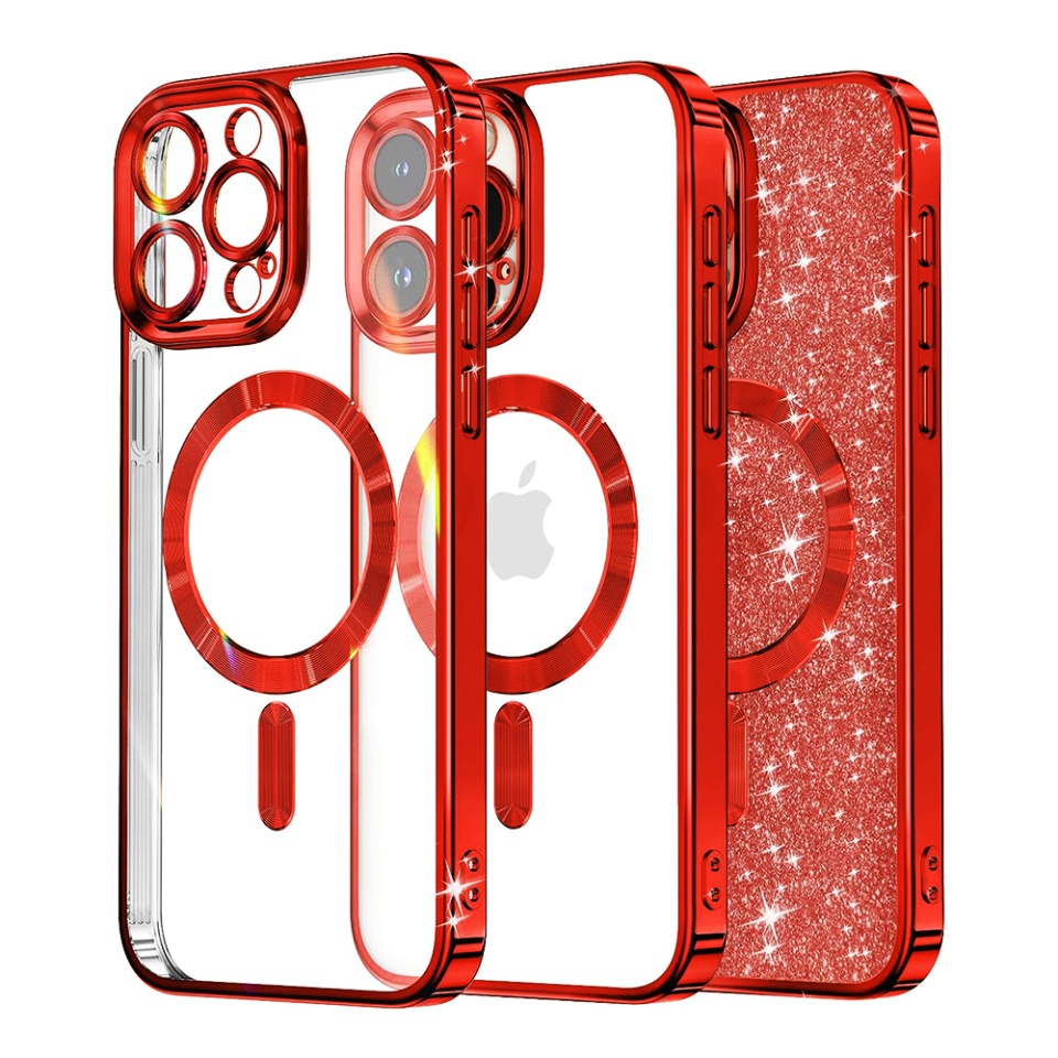 Husa pentru iPhone 12 Pro Max, SKYDDAR INNOVATION, Luxury Glitter Magsafe, Antisoc, Fundal Detasabil 2-in-1, Protectie Superioara, Margini Ridicate, Rosu, set cu sticker