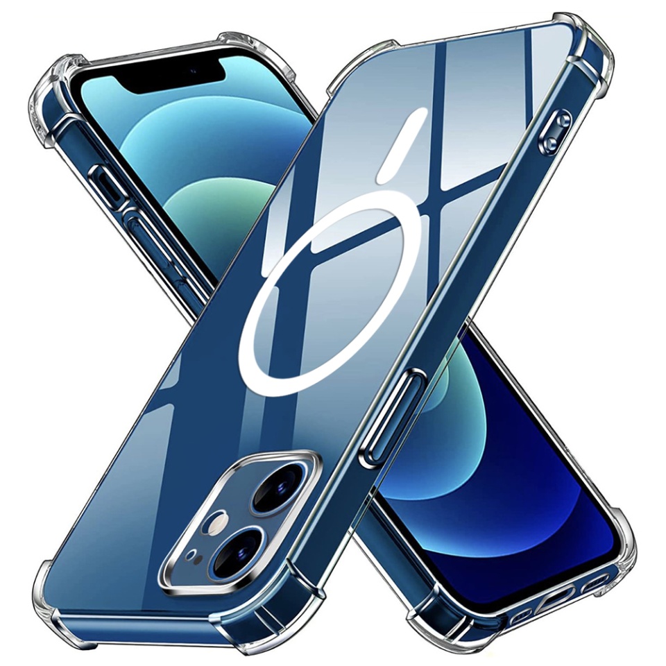 Husa pentru iPhone 12, SKYDDAR INNOVATION, Shockproof MagSafe din silicon, set cu sticker, Transparenta