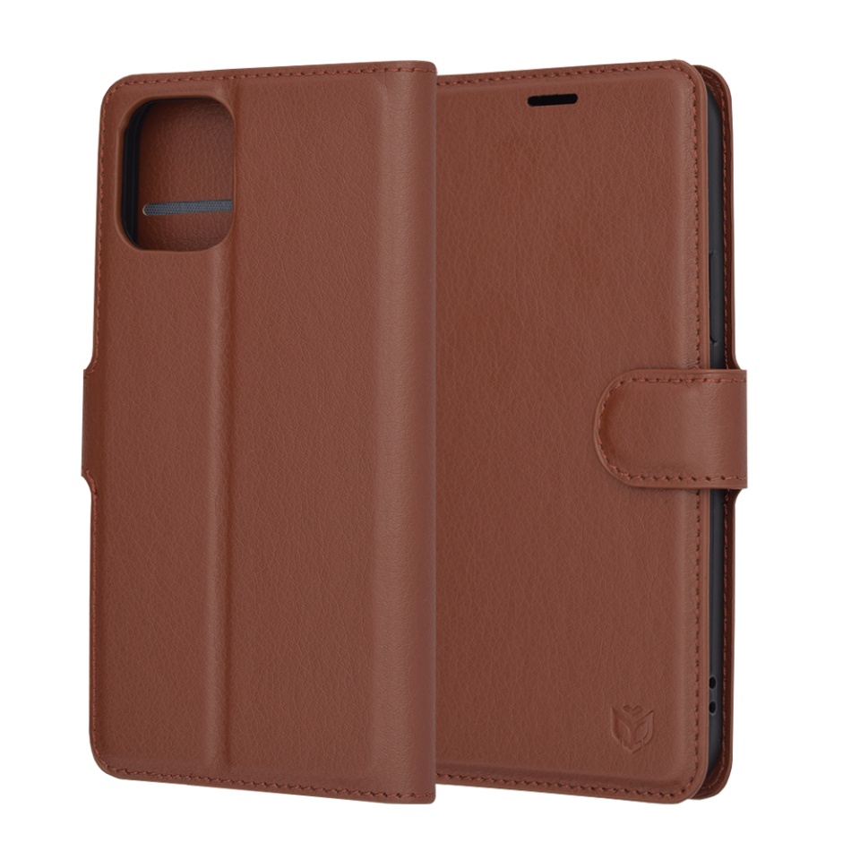 Husa pentru iPhone 12 tip Carte, cu Portofel Interior, Finisaje Premium, SKYDDAR Leather Wallet - Maro