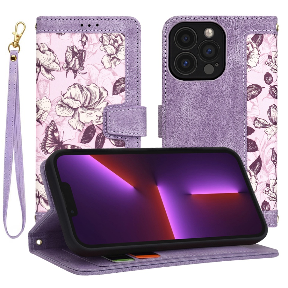 Husa pentru iPhone 13 Pro din Piele Ecologică cu Design Floral, Protecție 360°, Stand Integrat, Buzunare pentru Carduri, SKDR Floral Wallet - Mov