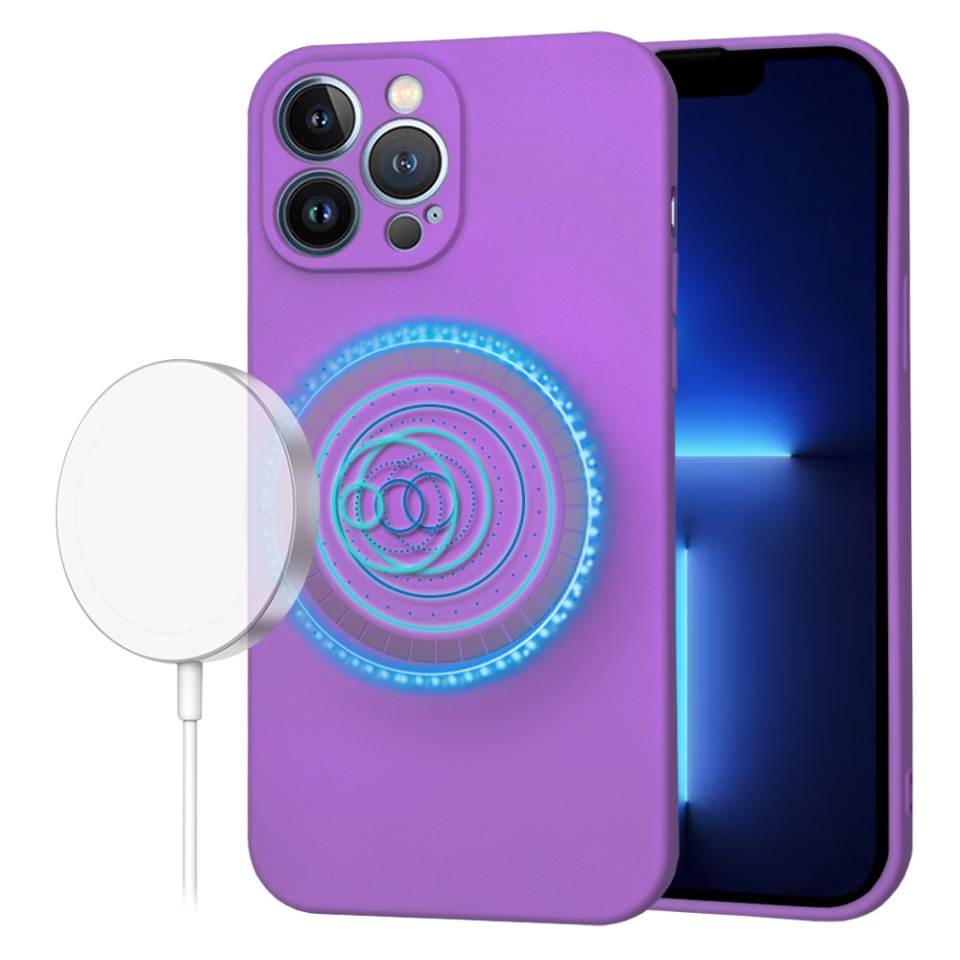 Husa pentru iPhone 13 Pro Max, SKYDDAR INNOVATION, din Silicon Catifelat, SoftFlex Magsafe, Mov, set cu sticker