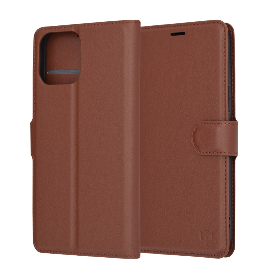 Husa pentru iPhone 13 Pro Max, SKYDDAR INNOVATION, Leather Folio, tip Carte, cu Portofel Interior, Finisaje Premium, Maro, set cu sticker