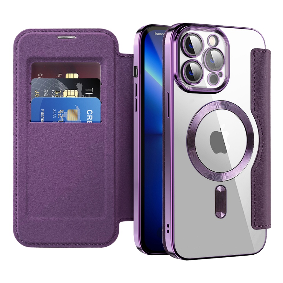 Husa pentru iPhone 13 Pro Max tip carte, SKYDDAR INOVATION, SmartMag Book, Magsafe, RFiD, Suport Carduri, set cu sticker, Mov