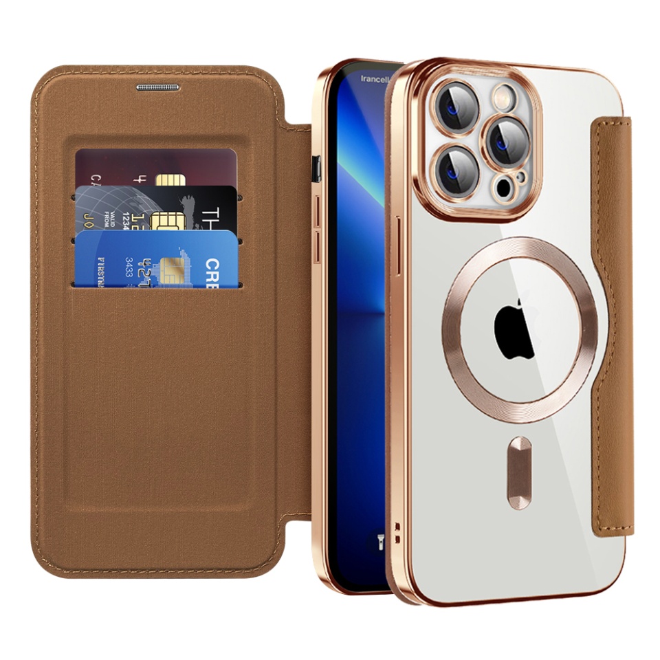 Husa pentru iPhone 13 Pro Max tip carte, SKYDDAR INOVATION, SmartMag Book, Magsafe, RFiD, Suport Carduri, set cu sticker, Maro