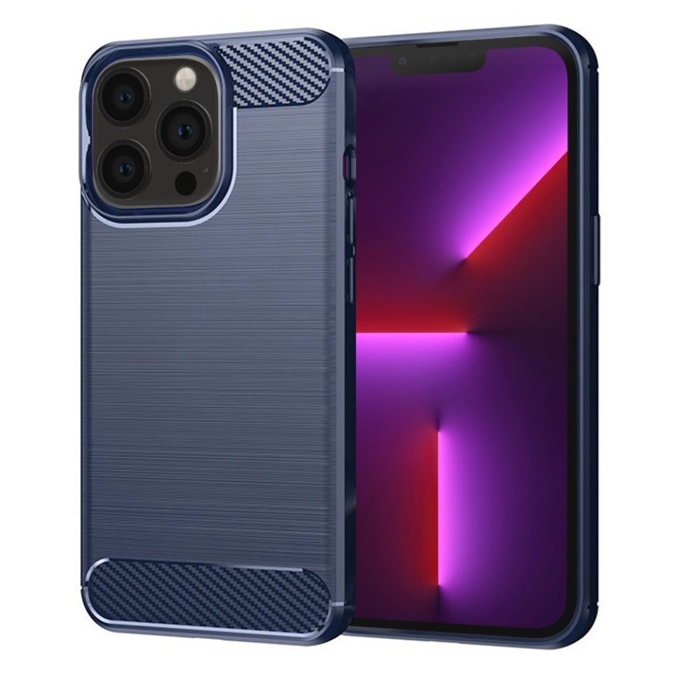 Husa pentru iPhone 13 Pro, SKYDDAR INNOVATION, Carbon Silicone, din Silicon Slim, cu textura Fibra Carbon, set cu sticker, Albastru