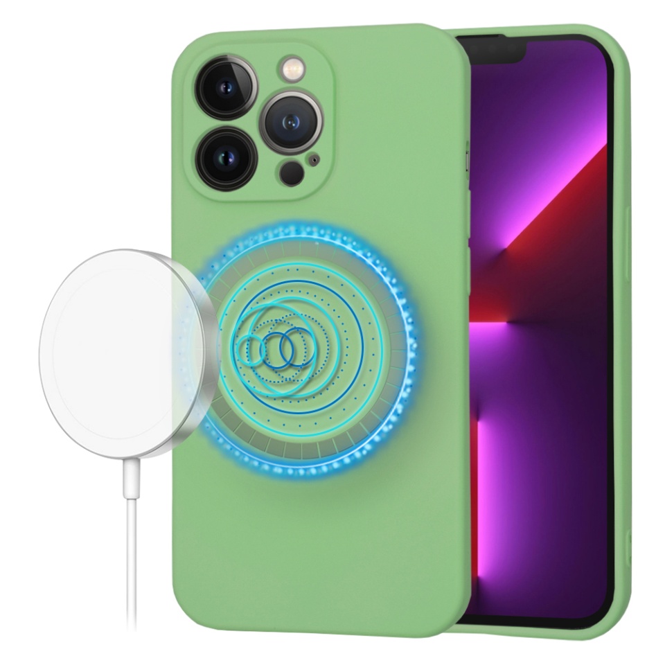 Husa pentru iPhone 13 Pro, SKYDDAR INNOVATION, din Silicon Catifelat, SoftFlex Magsafe, Verde deschis, set cu sticker