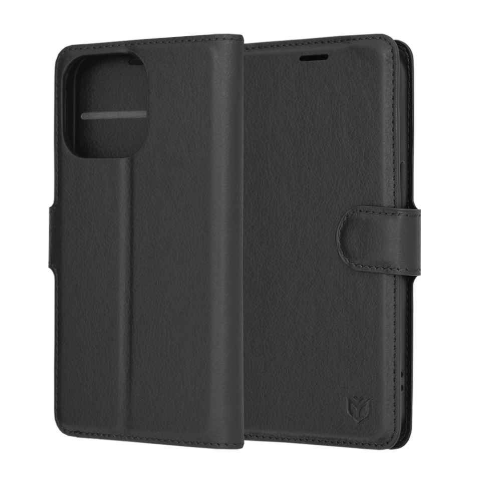 Husa pentru iPhone 13 Pro, SKYDDAR INNOVATION, Leather Folio, tip Carte, cu Portofel Interior, Finisaje Premium, Negru, set cu sticker
