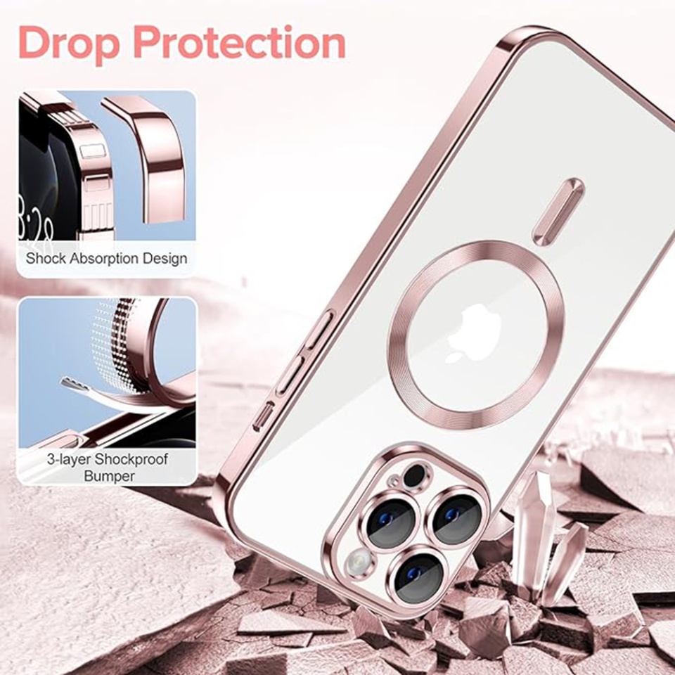 Husa pentru iPhone 13 Pro, SKYDDAR INNOVATION, Luxury Shield Magsafe, Protectie Antisoc, Roz, set cu sticker - 2 | YEO