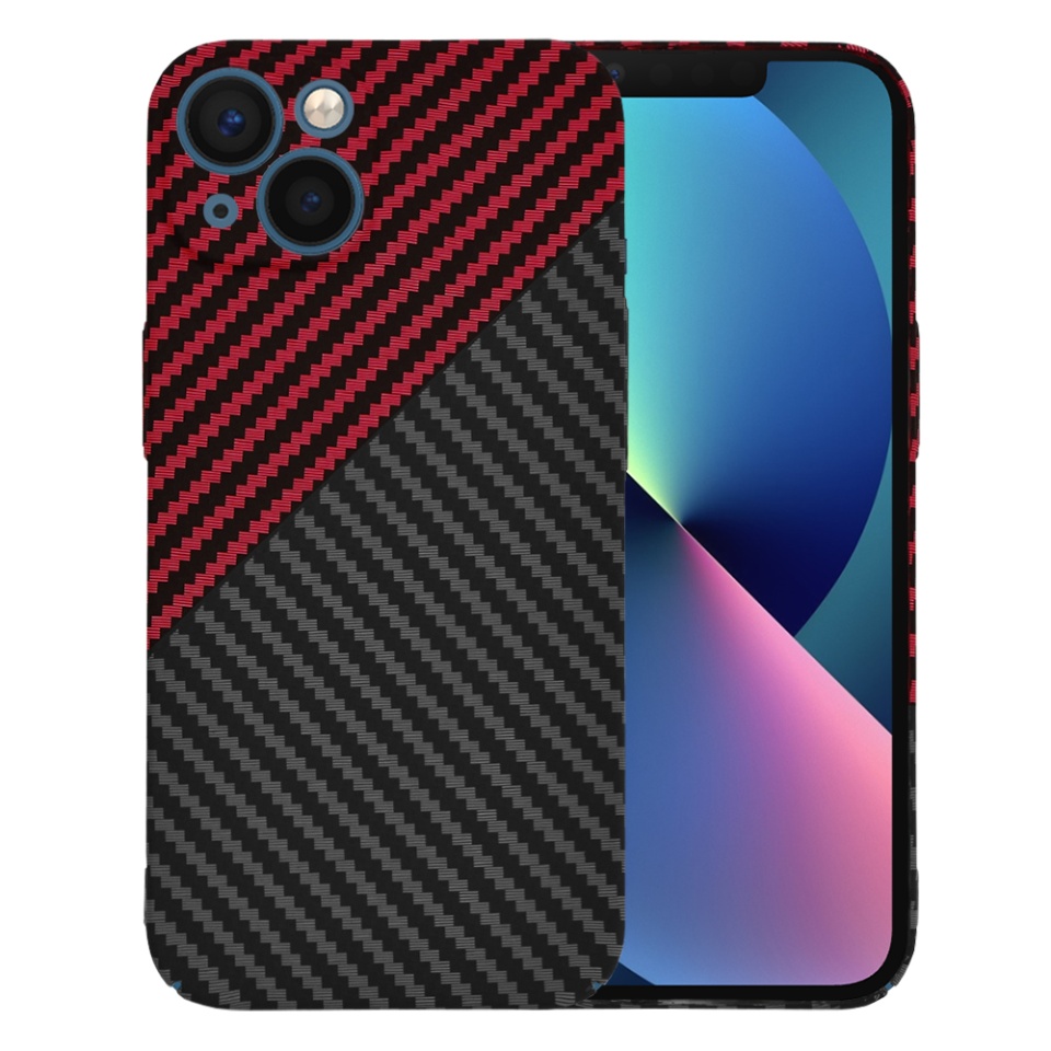 Husa pentru iPhone 13, SKYDDAR INNOVATION, textura carbon, Carbonite FiberShell, Rosu inchis, set cu sticker