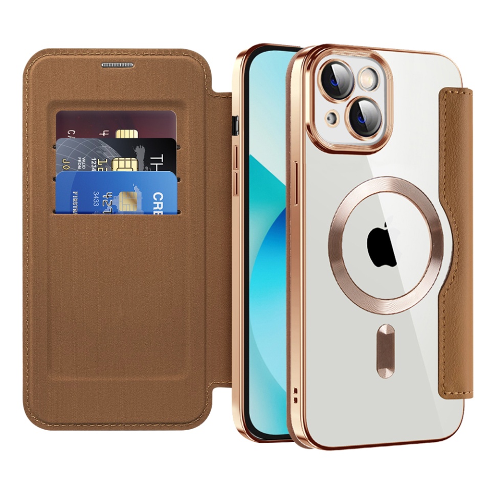 Husa pentru iPhone 13 tip carte, SKYDDAR INOVATION, SmartMag Book, Magsafe, RFiD, Suport Carduri, set cu sticker, Maro