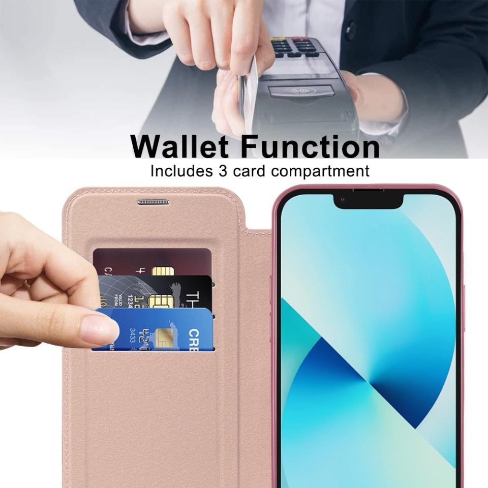 Husa pentru iPhone 13 tip carte, SKYDDAR INOVATION, SmartMag Book, Magsafe, RFiD, Suport Carduri, set cu sticker, Roz - 5