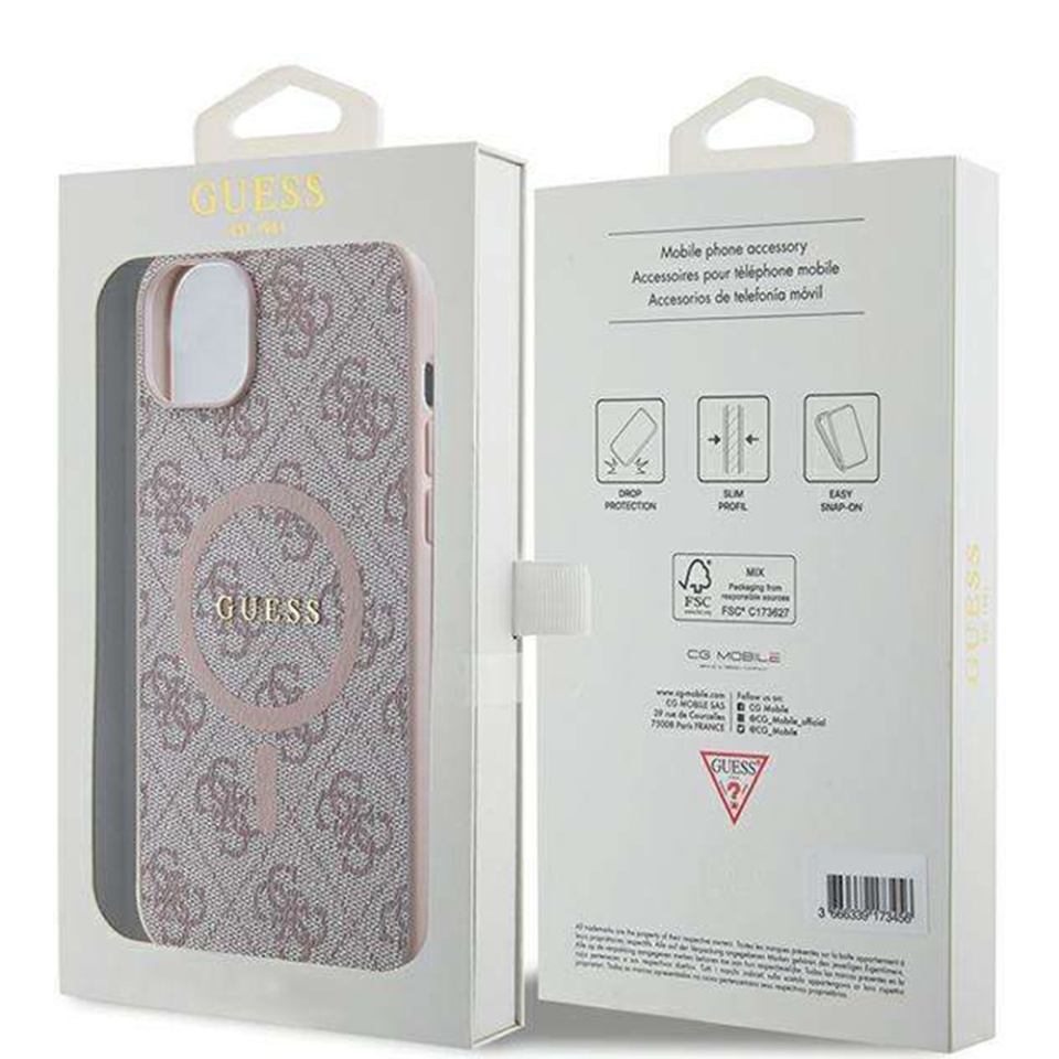 Husa pentru iPhone 14, 4G Ring Classic Logo MagSafe, Guess, Roz - 7