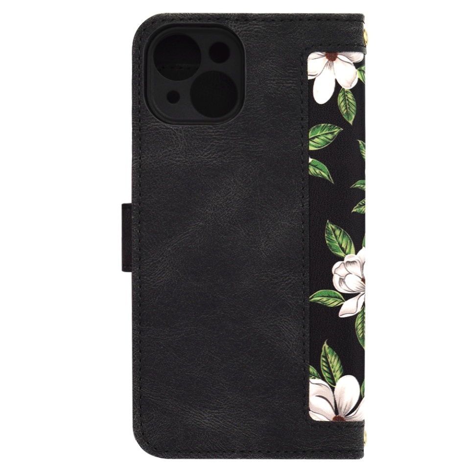 Husa pentru iPhone 14 din Piele Ecologică cu Design Floral, Protecție 360°, Stand Integrat, Buzunare pentru Carduri, SKDR Floral Wallet - Negru - 2 | YEO