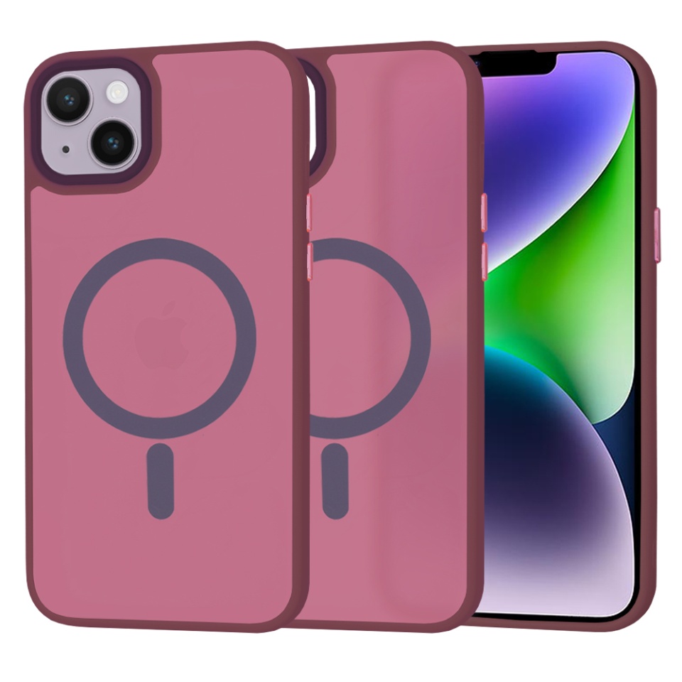 Husa pentru iPhone 14 Plus, SKYDDAR INNOVATION, HaloFrost MagSafe, Antisoc, set cu sticker, Bordo