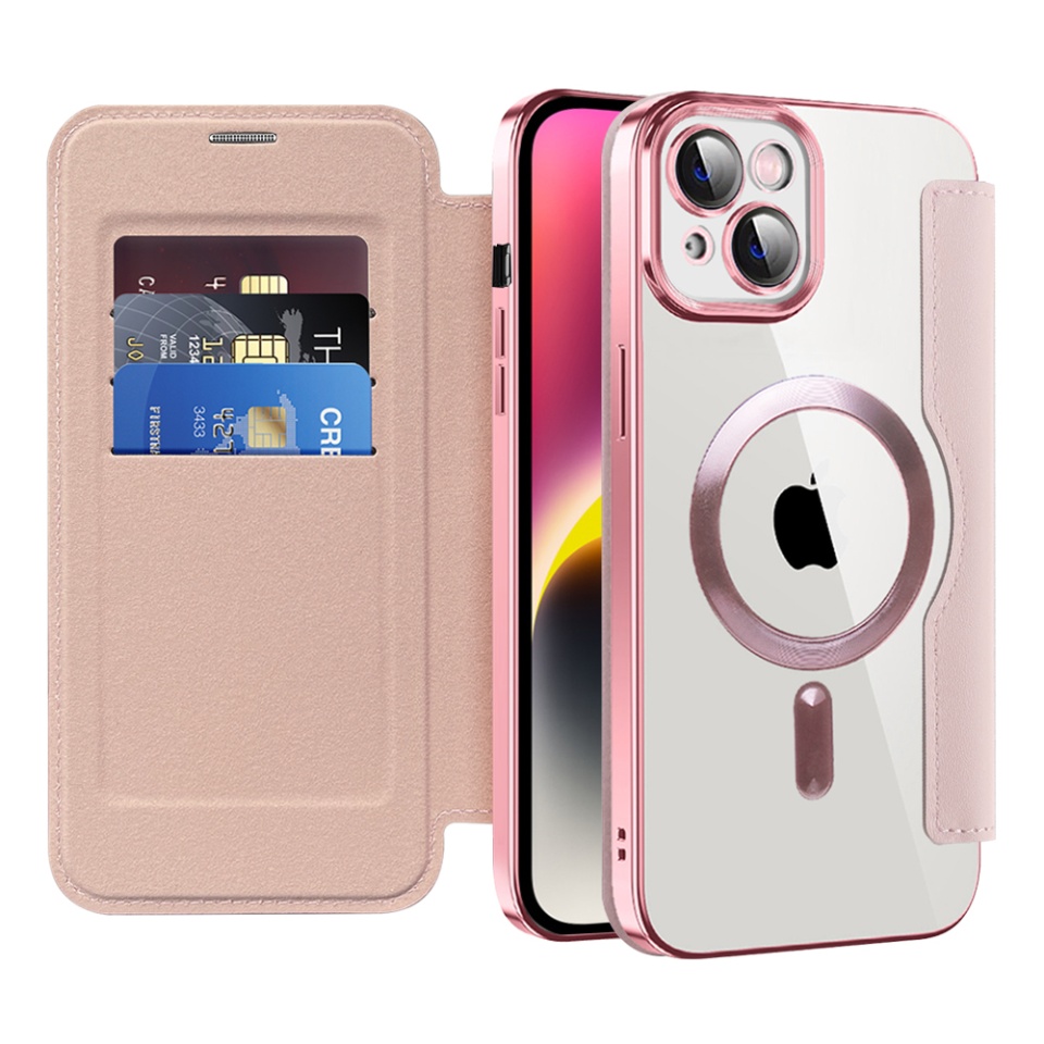 Husa pentru iPhone 14 Plus tip carte, SKYDDAR INOVATION, SmartMag Book, Magsafe, RFiD, Suport Carduri, set cu sticker, Roz
