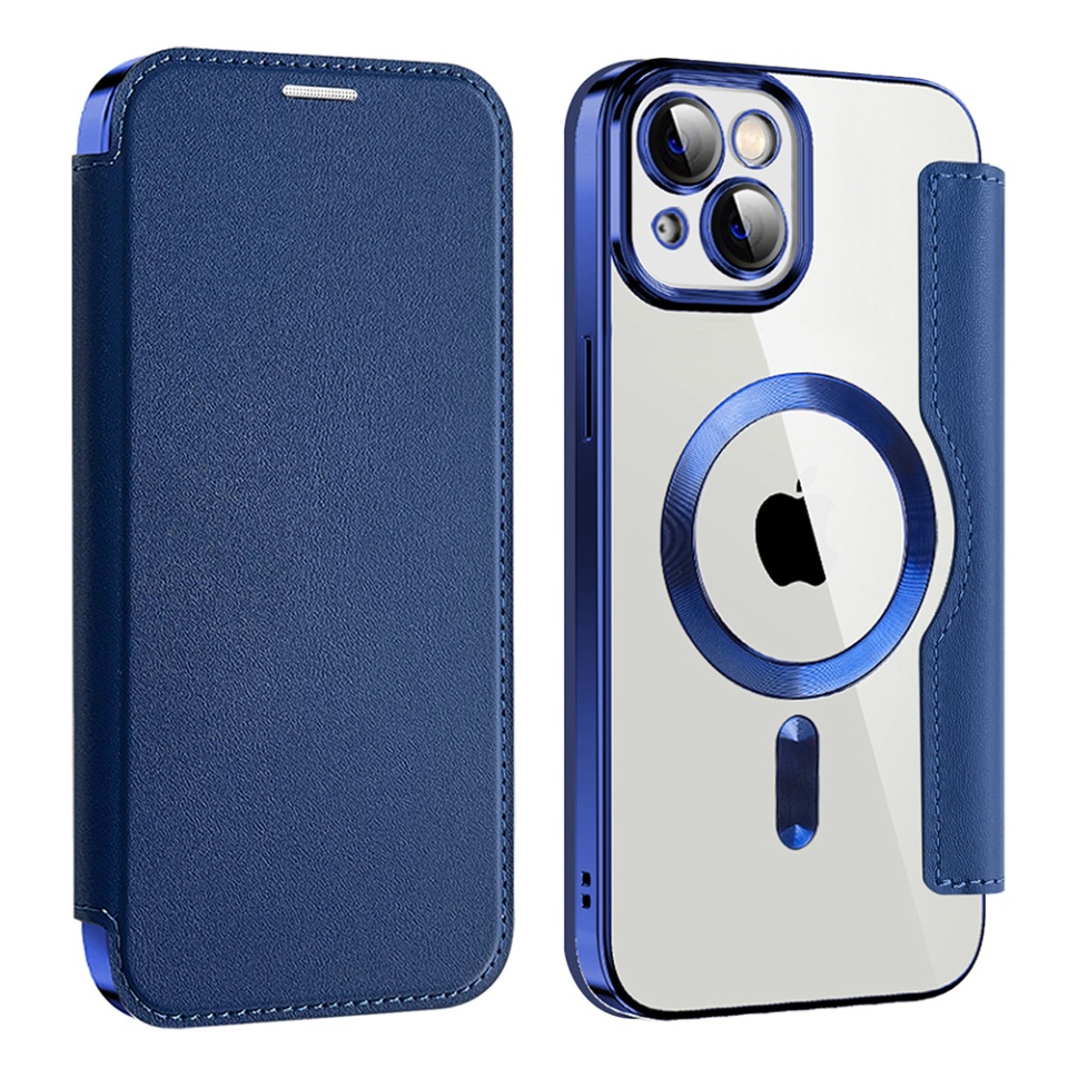 Husa pentru iPhone 14 Plus tip carte, SKYDDAR INOVATION, SmartMag Book, Magsafe, RFiD, Suport Carduri, set cu sticker, Albastru - 1 | YEO