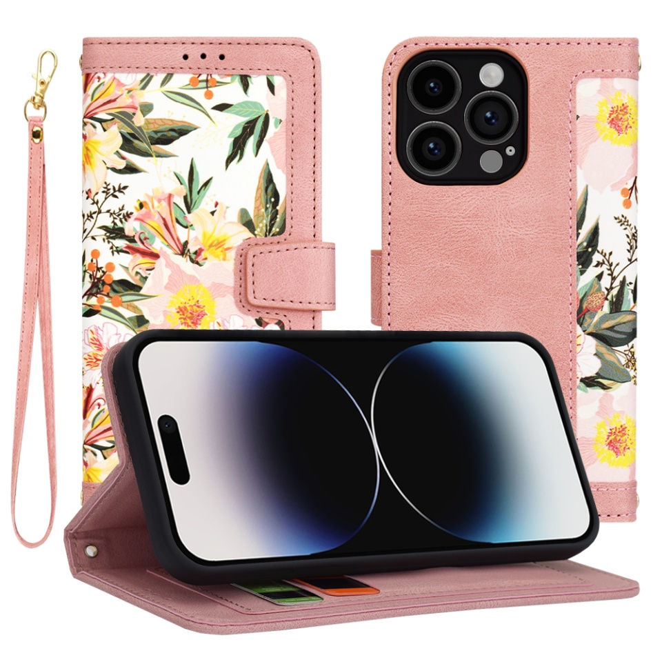 Husa pentru iPhone 14 Pro din Piele Ecologică cu Design Floral, Protecție 360°, Stand Integrat, Buzunare pentru Carduri, SKDR Floral Wallet - Roz