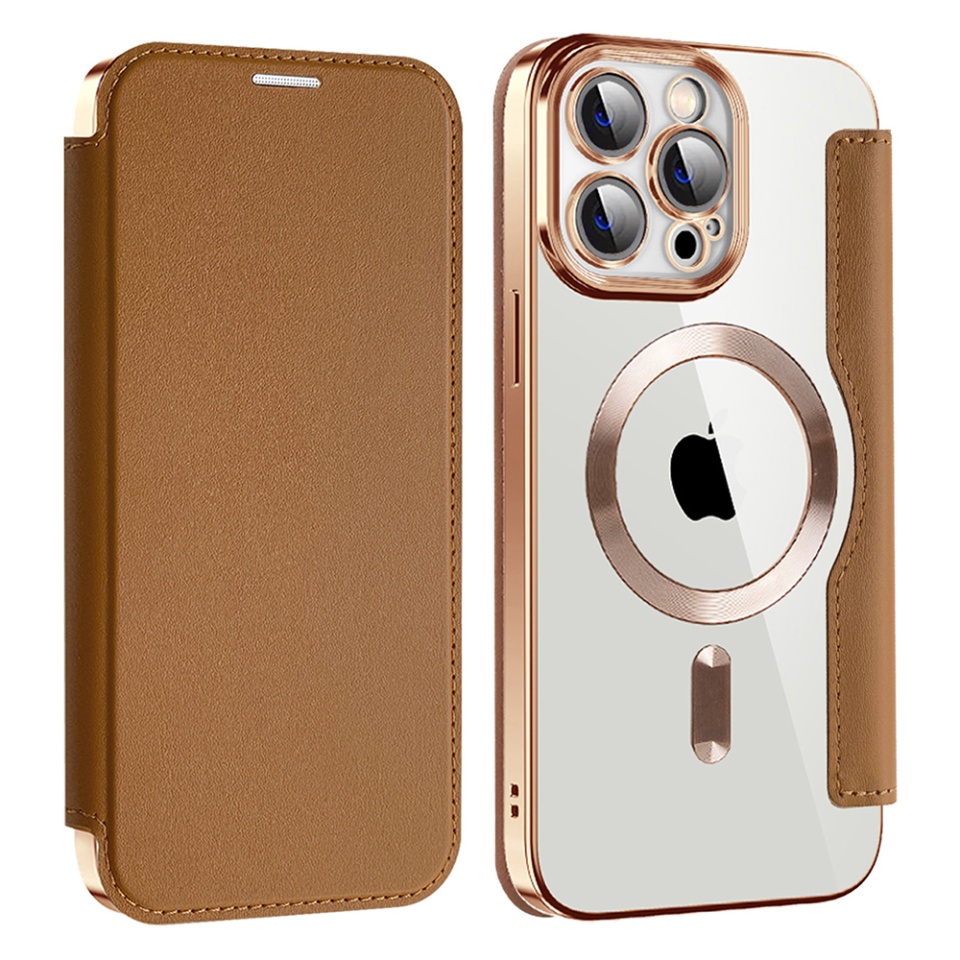 Husa pentru iPhone 14 Pro Max tip carte, SKYDDAR INOVATION, SmartMag Book, Magsafe, RFiD, Suport Carduri, set cu sticker, Maro - 1 | YEO