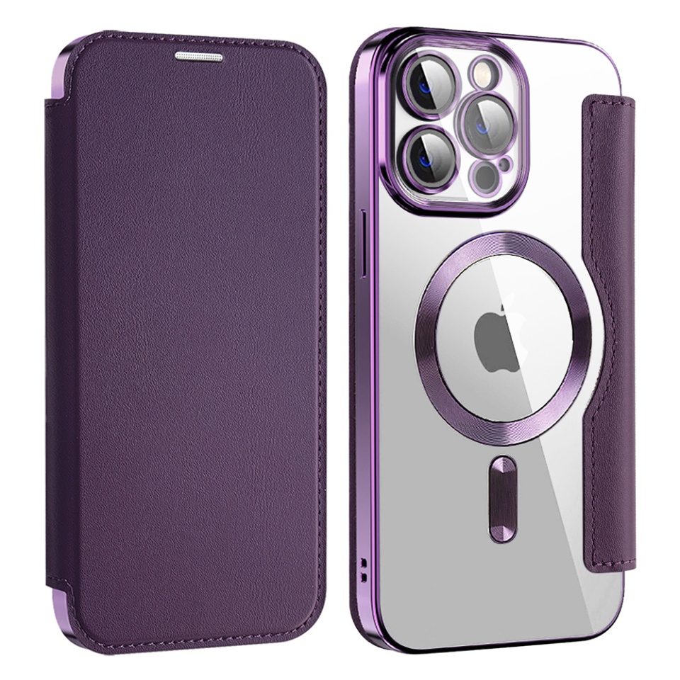 Husa pentru iPhone 14 Pro Max tip carte, SKYDDAR INOVATION, SmartMag Book, Magsafe, RFiD, Suport Carduri, set cu sticker, Mov - 1 | YEO