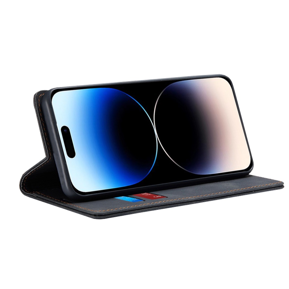 Husa pentru iPhone 14 Pro, SKYDDAR INNOVATION, Soft Wallet, tip Carte din piele Eco Premium, cu Portofel Interior, Negru, set cu sticker - 1 | YEO