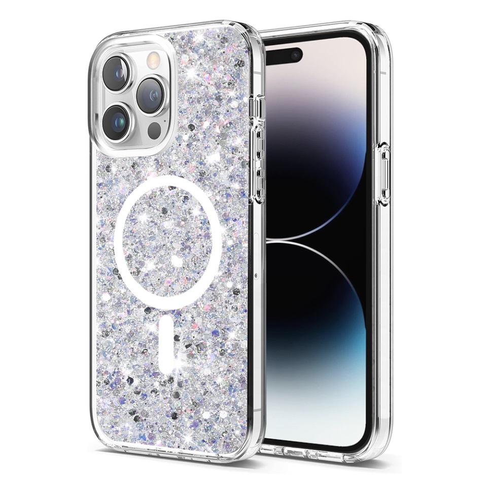 Husa pentru iPhone 14 Pro, SKYDDAR INNOVATION, SparkleCase, din Silicon cu Sclipici, Protectie Completa, Alb, set cu sticker