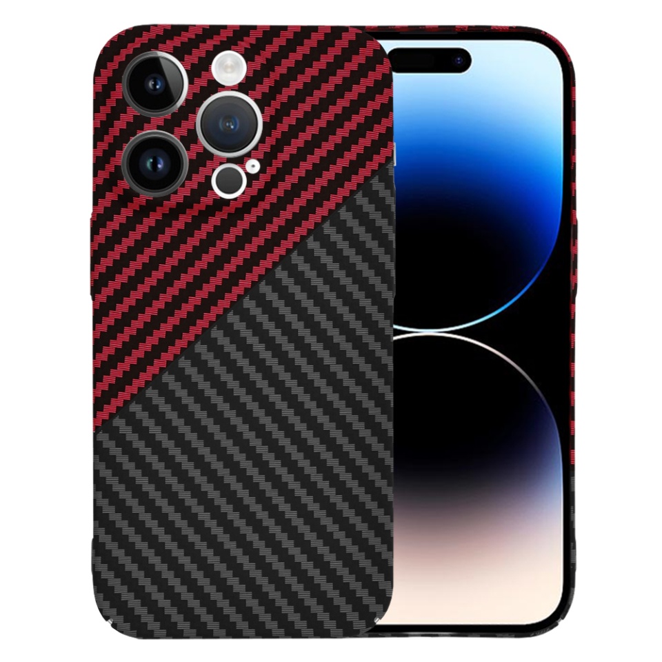 Husa pentru iPhone 14 Pro, SKYDDAR INNOVATION, textura carbon, Carbonite FiberShell, Rosu inchis, set cu sticker