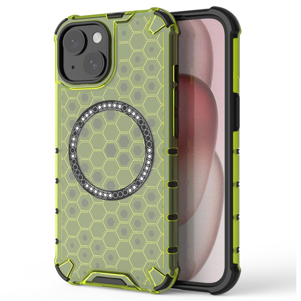 Husa pentru iPhone 14, SKYDDAR INNOVATION, HoneyComb Shield MagSafe, Antisoc, set cu sticker, Verde